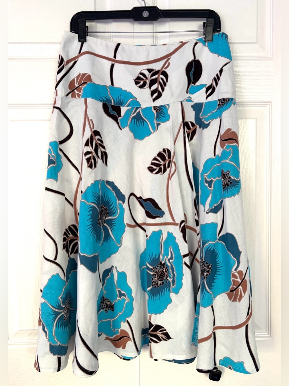 Polvere Pure Linen Italy Floral Flared Open Front Skirt White Blue size Large